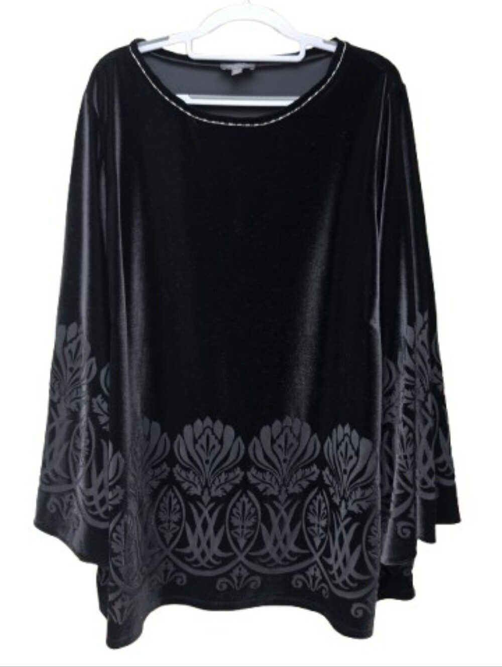 The Limited Plus Black Velvet Blouse Abstract Burnout Print Bead Trim Neckline